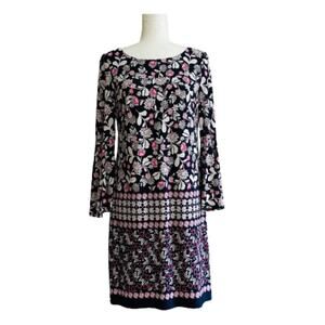 Eliza J Dress Navy Pink White Floral Bell Sleeve Career Lined Shift Dress Size 6